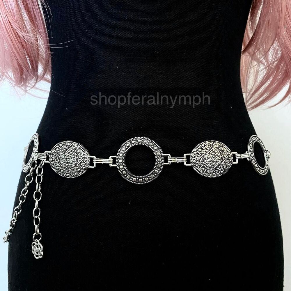 Silver Y2K Textured Oval Open Ring Chain Belt, Fits 27 to 44 Inches, X7GA1364